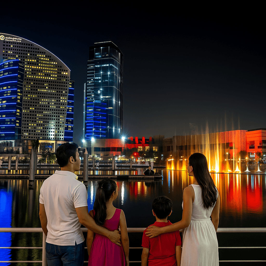 Family enjoying Dubai night skyline with colorful lights and fountains on Dubai tour packages from Delhi.
