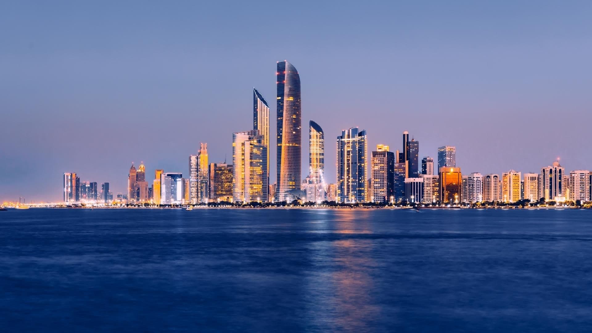 Sunset view of Downtown Dubai skyline with Burj Khalifa